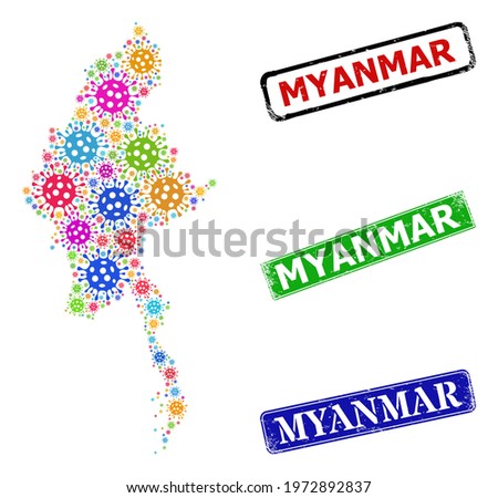 Vector Covid-2019 collage Myanmar map, and grunge Myanmar seal stamps. Vector colored Myanmar map mosaic, and Myanmar textured framed rectangle seal imitations.