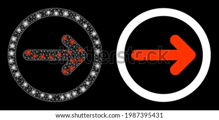Bright mesh vector rounded right arrow with glare effect. White mesh, bright spots on a black background with rounded right arrow icon. Mesh and glare elements are placed on different layers.