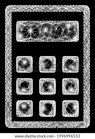 Shiny net mesh calculator frame with flash nodes. Constellation vector mesh created from calculator symbol and intersected white lines. Sparkle frame wired calculator, on a black backgound.