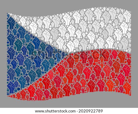 Mosaic waving Czech flag designed with fighter palm elements. Strike fist vector mosaic waving Czech flag organized for revolt wallpapers. Designed for political or patriotic promotion.