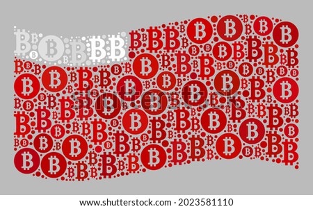 Mosaic bitcoin waving Abu Dhabi flag constructed of bitcoin icons. Vector mosaic waving Abu Dhabi flag constructed for crypto currency projects.