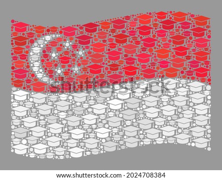 Mosaic waving Singapore flag created with learning hat icons. University vector mosaic waving Singapore flag designed for academy purposes.