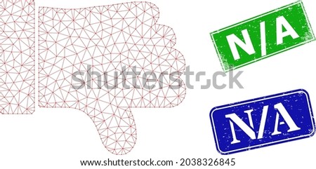 Polygonal thumb down image, and N - A blue and green rectangle corroded stamp seals. Polygonal wireframe image is designed with thumb down icon. Seals have N - A title inside rectangle shape. Stock fotó © 