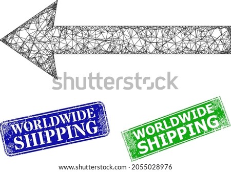 Mesh send left model, and Worldwide Shipping blue and green rectangle grunge stamps. Polygonal carcass illustration is designed with send left pictogram.