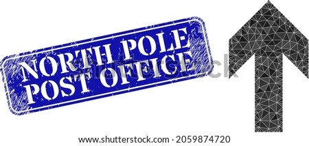 Low-poly up arrow direction combined with scattered filled triangles, and grunge North Pole Post Office badge.
