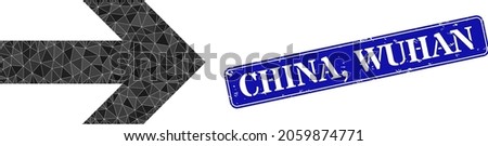 Low-poly right arrow constructed with scattered filled triangles, and grunge China, Wuhan stamp. Blue rounded framed rectangle stamp seal has China, Wuhan title inside framed rectangle form.