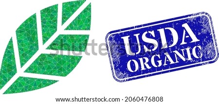 Low-poly herbal leaf designed with random filled triangles, and grunge Usda Organic seal. Blue rounded framed rectangle seal contains Usda Organic tag inside framed rectangle form.