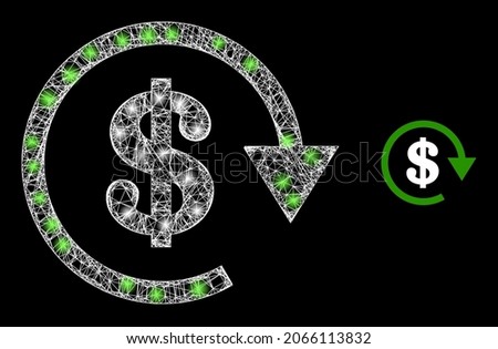 Magic mesh vector dollar repay with glare effect. White mesh, light spots on a black background with dollar repay icon. Mesh and glowing elements are placed on different layers.