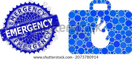 Emergency case vector composition of dots in different sizes and blue color tints, and distress Emergency stamp seal. Blue round sharp rosette stamp has Emergency tag inside it.