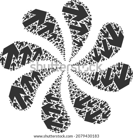 CW arrow direction icon rotation burst turbine fireworks shape. Turbine burst composed from scattered CW arrow direction icons.