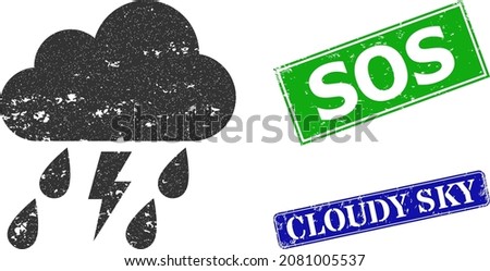 Grunge thunder storm cloud icon and rectangle corroded Sos seal stamp. Vector green Sos and blue Cloudy Sky watermarks with corroded rubber texture, designed for thunder storm cloud illustration. Stock foto © 