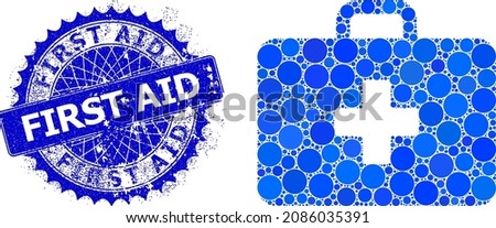 Medical first aid vector collage of round dots in various sizes and blue color shades, and grunge First Aid stamp seal. Blue round sharp rosette stamp includes First Aid title inside.
