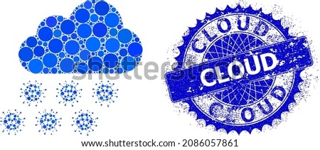Virus rain cloud vector mosaic of round dots in various sizes and blue color hues, and distress Cloud stamp seal. Blue round sharp rosette stamp seal contains Cloud title inside it.