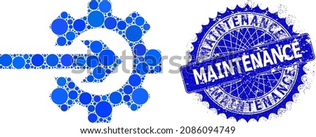 Integration gear vector mosaic of round dots in different sizes and blue color tints, and scratched Maintenance stamp seal. Blue round sharp rosette stamp includes Maintenance title inside.