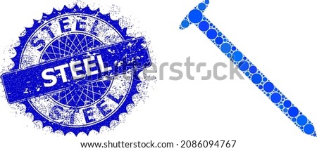Steel nail vector mosaic of round dots in different sizes and blue color tones, and textured Steel seal. Blue round sharp rosette seal has Steel text inside it.