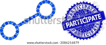 Link vector collage of round dots in variable sizes and blue color tones, and textured Participate seal. Blue round sharp rosette stamp seal contains Participate caption inside it.