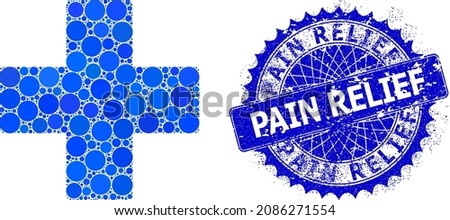 Pharmacy cross vector composition of round dots in various sizes and blue color tints, and rubber Pain Relief stamp seal. Blue round sharp rosette stamp seal contains Pain Relief tag inside it.