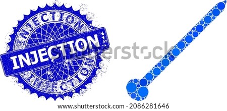 Needle vector composition of circle dots in various sizes and blue color tints, and grunge Injection stamp seal. Blue round sharp rosette stamp seal contains Injection tag inside.