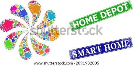 Home icon colored rotation abstract turbine salute shape, and textured Home Depot seal. Blue Smart Home and green Home Depot rectangle grunge seal stamps.