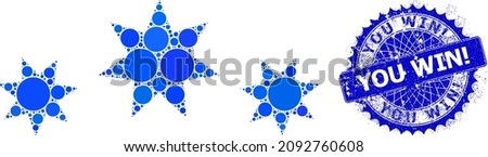 Star level vector composition of round dots in different sizes and blue color tones, and scratched You Win stamp seal. Blue round sharp rosette seal includes You Win tag inside.