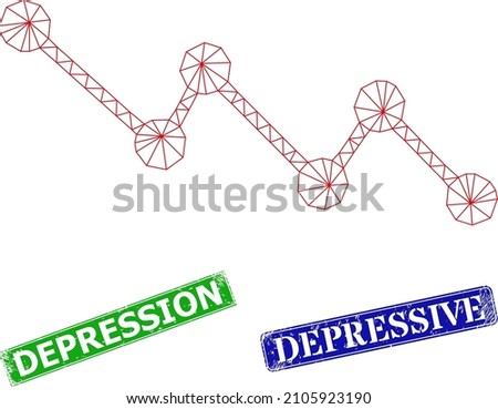 Polygonal down trend image, and Depression blue and green rectangular unclean stamps. Polygonal wireframe image is based on down trend icon. Seals include Depression title inside rectangular frame.
