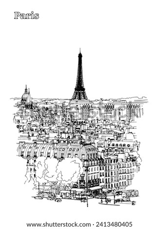 Eiffel Tower in Paris, France. Roofs and facades. Hand drawn retro style. Road sketch. Vintage hand drawn tourist postcard, poster or book illustration in vector