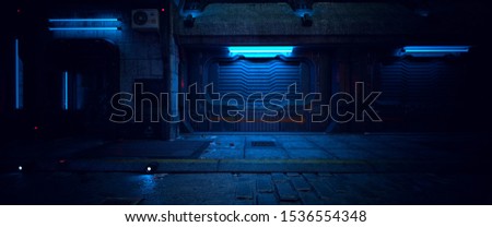 Wall of an old building with gates and neon lights on a street of futuristic city. 3D illustration. Beautiful night scene in a cyberpunk style. Gloomy urban landscape.