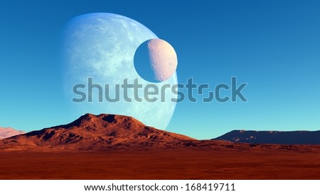 Fantastic landscape in the red desert with two planets in the blue sky
