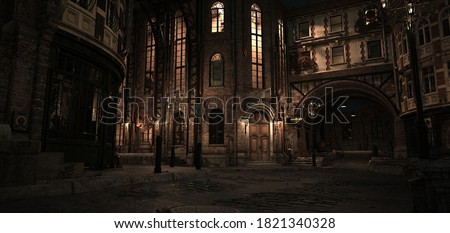 Steampunk scene. Night in the ancient city. Lanterns illuminating old brick buildings. Beautiful night cityscape. Photorealistic 3D illustration.