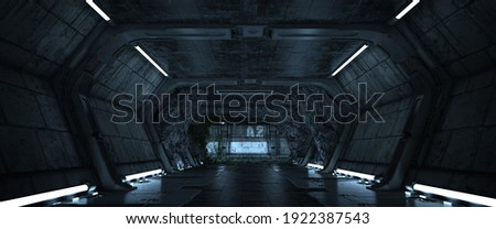 Futuristic tunnel with cold blue neon lights. Gloomy scene. Urban landscape. Cyberpunk wallpaper. Industrial zone in a city of a future. Photorealistic 3d illustration.