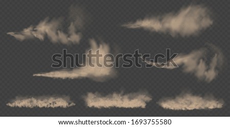 Dust cloud, sand storm, powder spray on transparent background. Desert wind with cloud of dust and sand. Realistic vector illustration