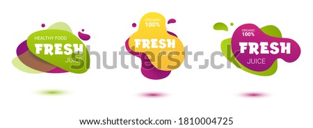 Set of colorful fresh juice tag. Bright splash shiny stickers, organic emblems, tags and labels. For badges of fresh market, detox, farmers market, eco shop, smoothies drinks, juice cafe, green bar