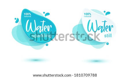 Mineral water tag. Blue label and stikers emblem with drops of water for web and print tag.Still and sparkling water label set. Vector illustration for you design