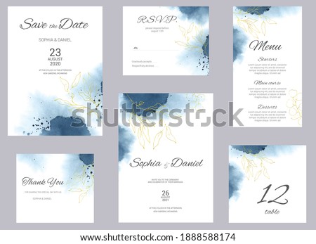 Watercolor wedding invitation cards. Floral poster, invite. Elegant wedding invitation with watercolor splash and gold floral elements