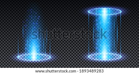 Blue hologram portal. Magic fantasy portal. Magic circle teleport podium with hologram effect. Vector blue glow rays with sparks on transparent background