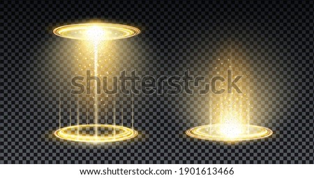 Gold hologram portal. Magic fantasy portal. Magic circle teleport podium with hologram effect. Vector gold glow rays with sparks on transparent background