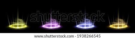 Color hologram portals set. Magic fantasy portal. Magic circle teleport podium with hologram effect. Vector colorful glow rays with sparks on black background.