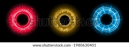 Set of color hologram portal. Magic fantasy portal. Magic circle with halo effect. Vector color glow scifi teleport with sparks and hologram, technology background