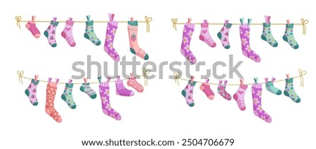 Clothesline socks illustration set. Socks on a rope, Baby socks with patterns vector cartoon