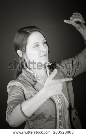 model isolated on plain background hand gesture framing focusing