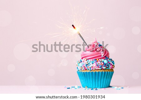 Birthday cupcake with celebration sparkler and colorful pink and blue sugar sprinkles