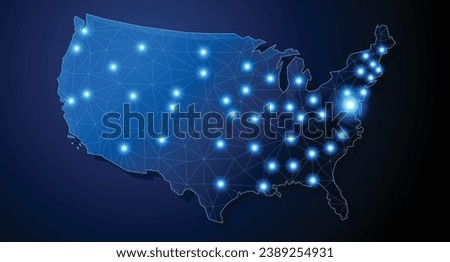 USA - country shape with lines connecting major cities