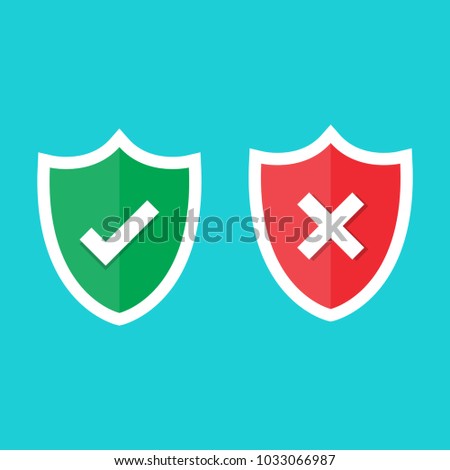 Set of green and red shield with checkmark and cross mark. Sign of protection, safety and unsafe, security and insecurity and reliability. Modern flat design elements. Vector illustration icons.