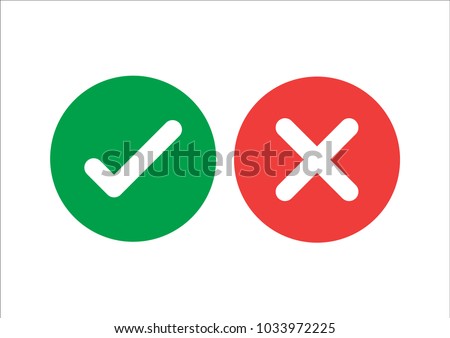 Checkmark icons set. Tick and cross sign. Green check mark and red X cross icon isolated on white background. Simple marks graphic flat design. Circle shape YES and NO button. Vector illustration.