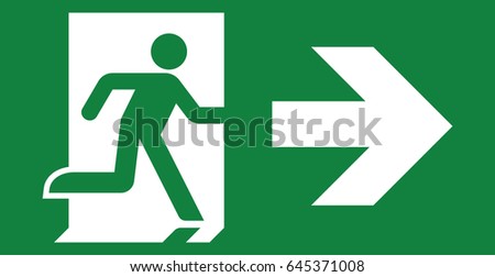 Vector green exit sign. Running man icon. Arrow pointing right.