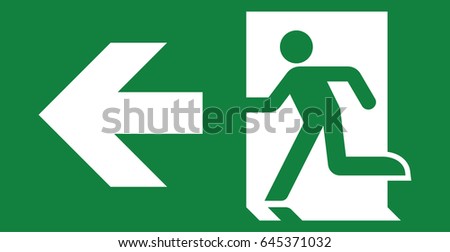 Vector green exit sign. Running man icon. Arrow Pointing Left.
