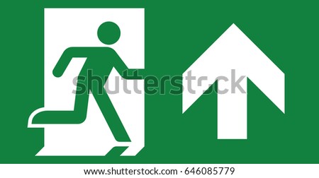 Vector green exit sign. Running man icon. Arrow pointing up / straight.
