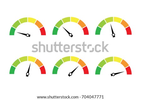 Vector set of colored gauges showing power levels from low to high. Minimum to Maximum. Min to Max.