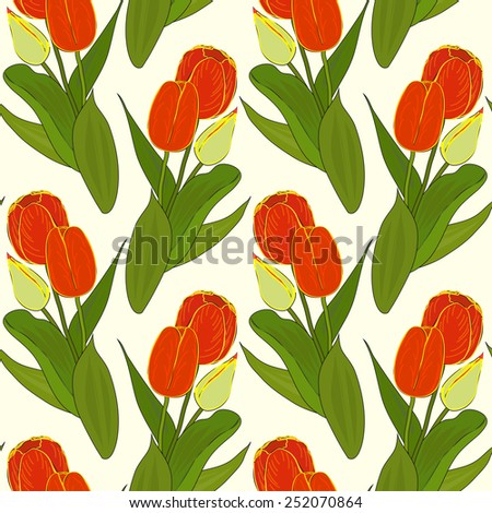 Vector floral seamless pattern with colorful bouquets of tulips on a pale yellow background. Eps 10.