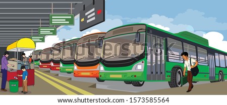 Illustration of Delhi bus Depot and passengers